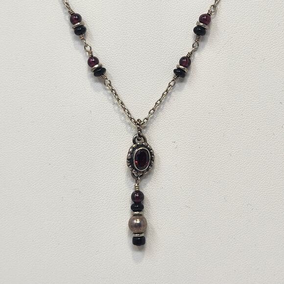 Red Crystal Silver Tone Metal Bead Y Drop Chain Necklace Artisan Handmade - Picture 2 of 5